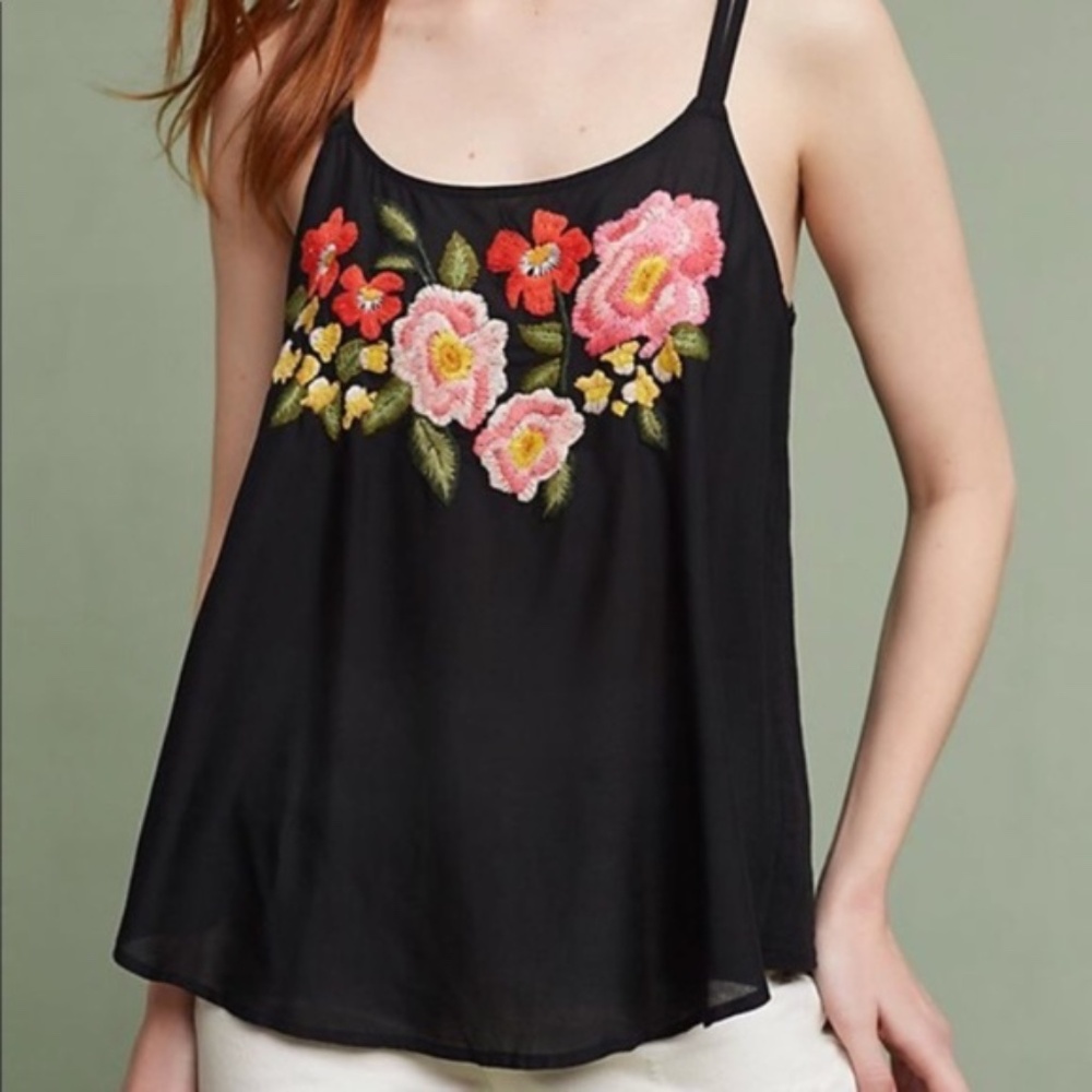 Needlepoint Embroidered Floral Black Swing Tank Top